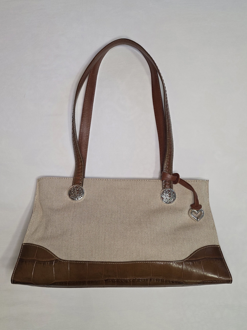 Brighton Collection Canvas & Brown Leather Shoulder Tote Heart Charm